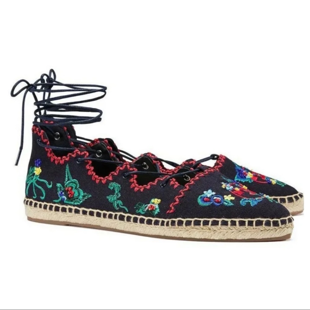 Tory Burch Navy Embroidered Beaded Ghillie Lace Espadrilles 10 NWT